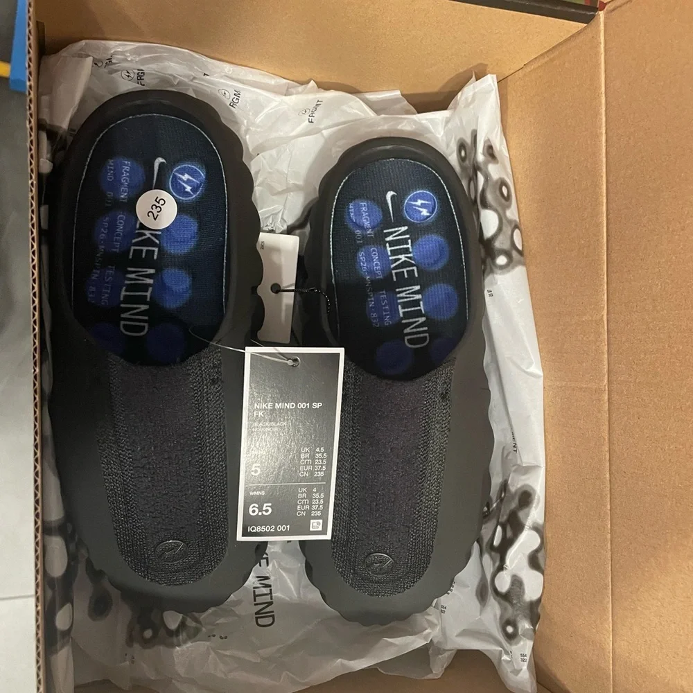 Nike Minds 001 x Fragment, BRAND NEW TAGS ON, Black clog/ slides with blue sole.
